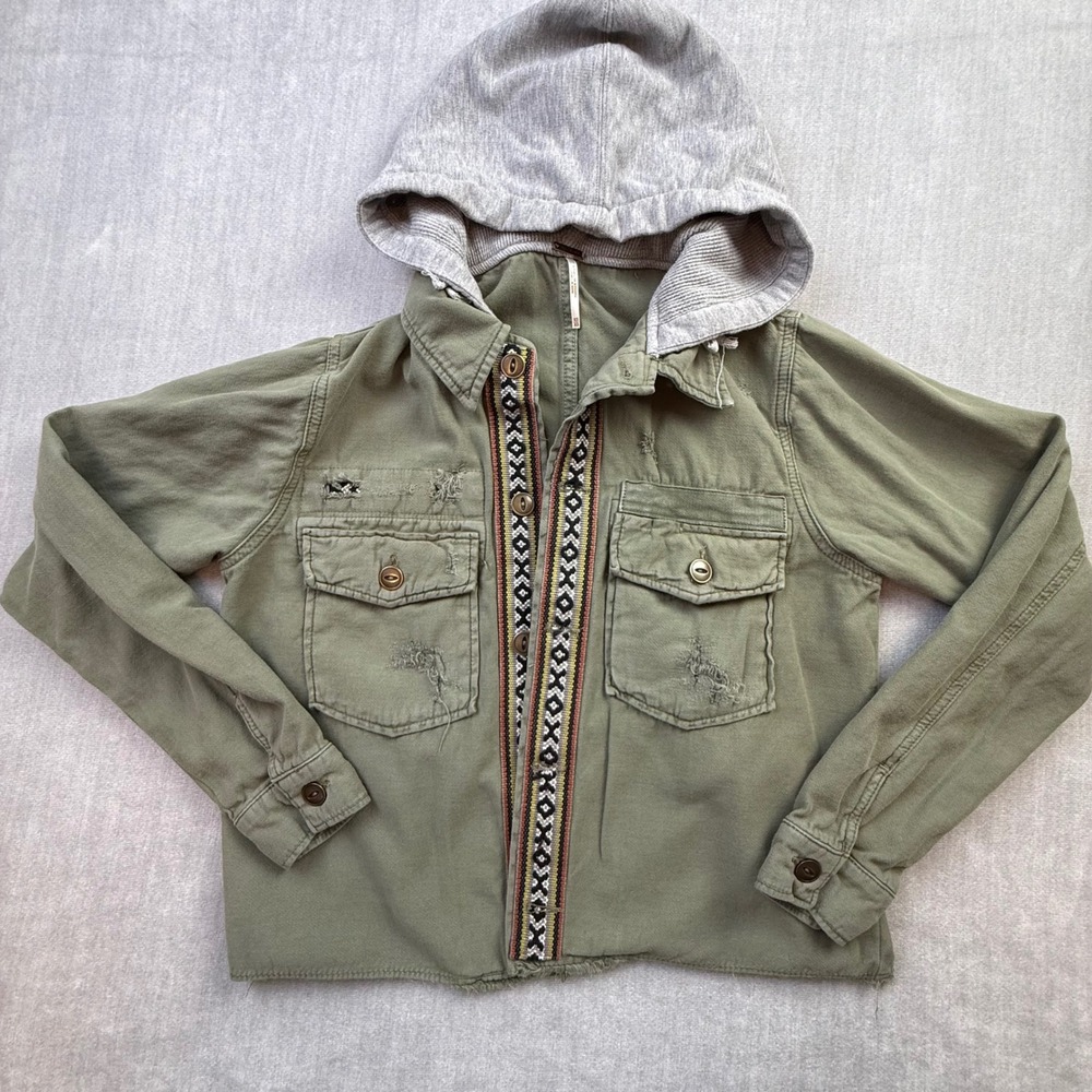 Free People Military Utility Jacket Olive Green Distressed Hooded XS OB529341